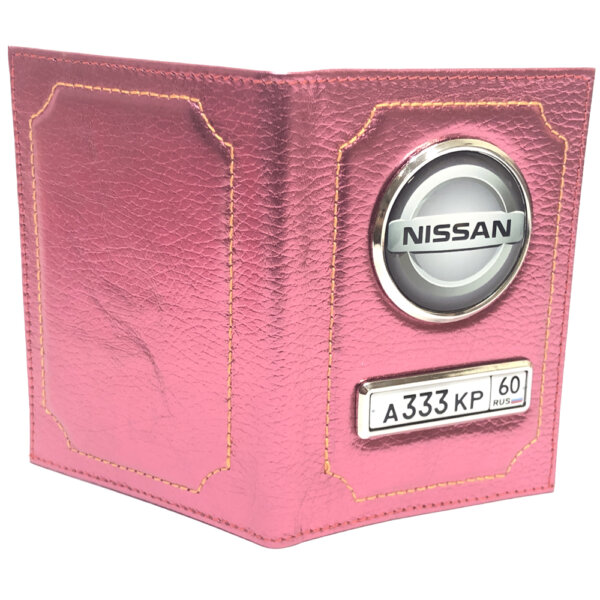 Обложка для документов розового цвета флотер с номером и логотипом Ниссан